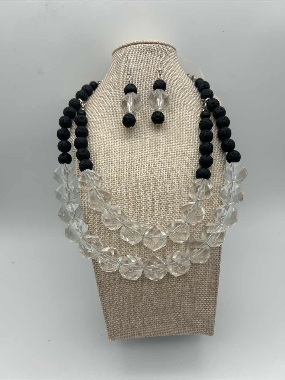 Black and Clear Layered Bead Necklace with Matching Earrings